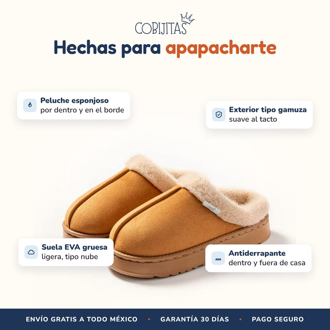 Detalles de las pantuflas Cobijitas: peluche, gamuza, suela EVA antiderrapante