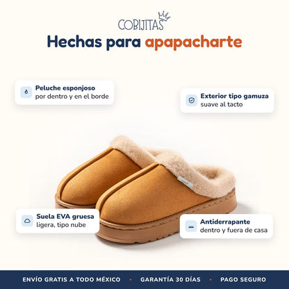 Detalles de las pantuflas Cobijitas: peluche, gamuza, suela EVA antiderrapante